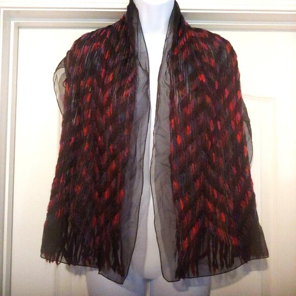 Italian Silk/Wool Tittorio 17"x57" Weaved Fringe Statement Piece Scarf Unisex - Picture 2 of 9
